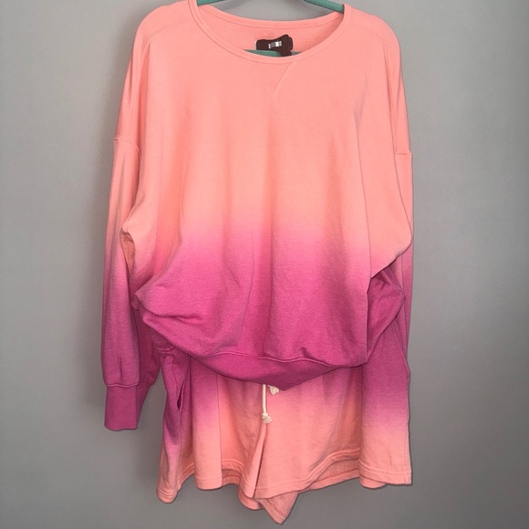 Lou & Grey Loft Dip Dye Terry Sweatshirt Shorts Set Pink Orange Ombre Size XXL - Picture 2 of 13